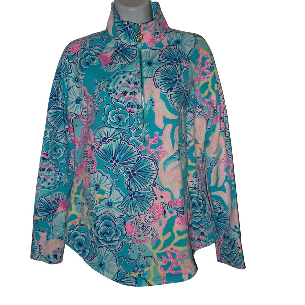 Lilly Pulitzer Women Finn Half Zip Pullover Blue Pink Shells Floral S Resort